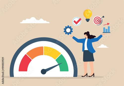 Flat illustration of multitasking businesswoman work efficiency on high performance success talent employee productivity skill.