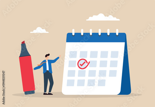 Flat illustration of businessman circle important date on calendar with highlighter marker event reminder appointment work deadline meeting schedule