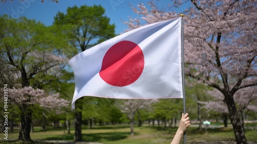 Japanese flag waving in park.