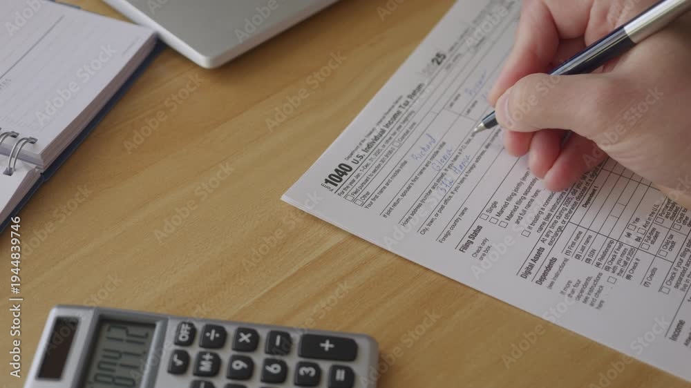 Man Filling In The Tax Form 1040. Person Calculates of Planning Budgets ...