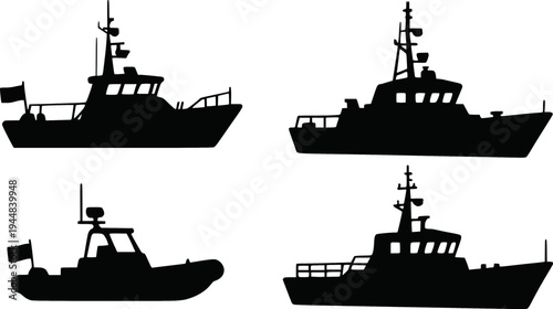 Patrol coast guard boat silhouette set vector illustration
