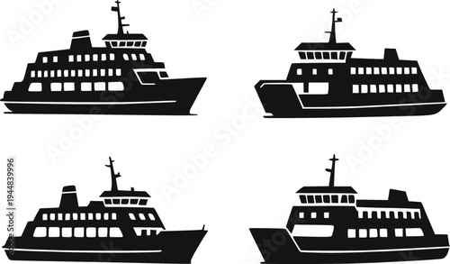 Ferry boat silhouette set vector illustration