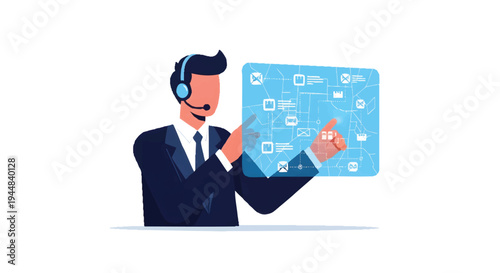 Businessman in headset interacting with virtual interface