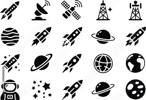 Space exploration silhouette icons featuring rockets planets astronauts satellites and cosmic astronomical symbols