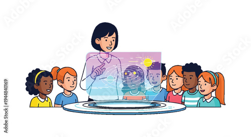 teacher showing interactive display to diverse group of students