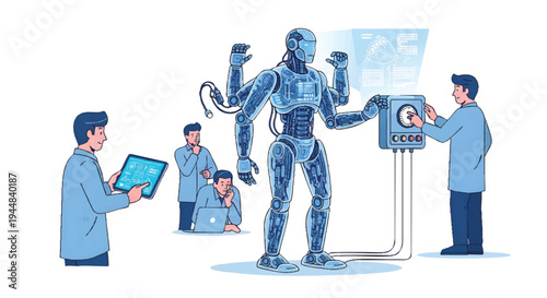 Robot development team working on advanced android technology