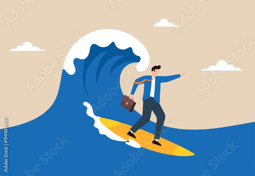 Expert businessman surfing or riding wave to success direction, illustrating following business trends and momentum. Concept of overcoming difficulties, professional experience and career