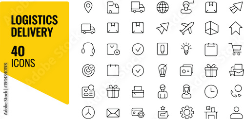 Logistics and delivery icons set, featuring trucks, airplanes, packages, and transportation methods