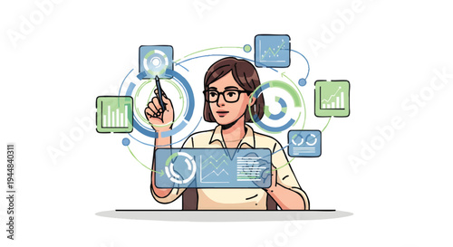 Businesswoman analyzing data on computer with infographics