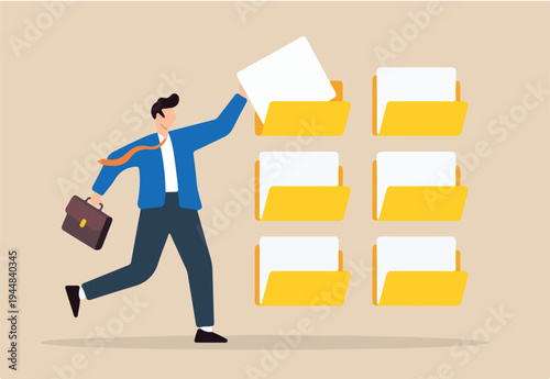 Flat illustration of businessman organizes documents into archive folders illustrating file management and administrative work
