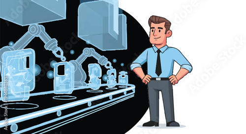 Man standing beside industrial robotic assembly line