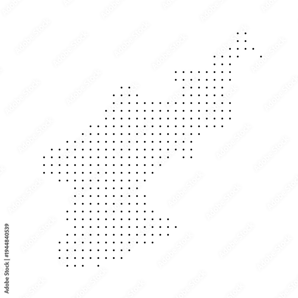 Obraz premium North Korea country dotted map. Black spot pixel illustration isolated on white background. Vector circle mosaic.