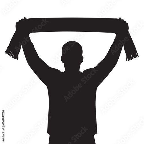 Football fan holding stretched sports scarf above head silhouette vector