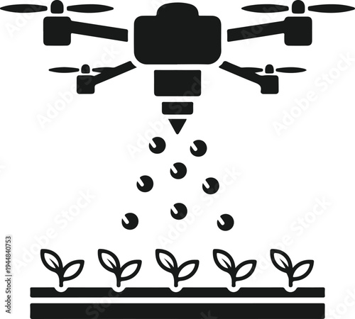 Drone spraying seeds onto young plants in field modern precision agriculture technology farm