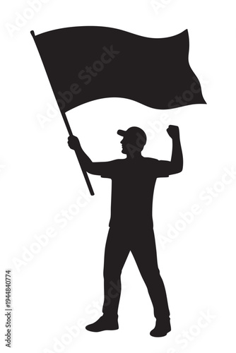 Soccer fan waving large team flag silhouette vector illustration