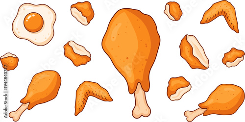 Fried chicken pieces collection with crispy wings, drumsticks and nuggets, cartoon fast food illustration, tasty golden fried meal set