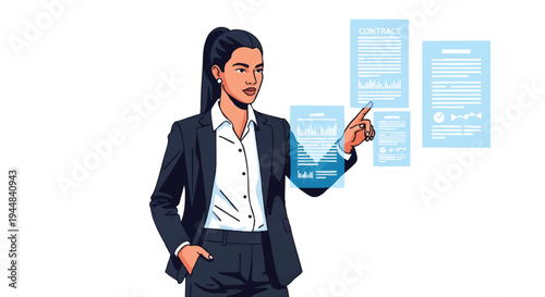 Businesswoman presenting information on digital screens