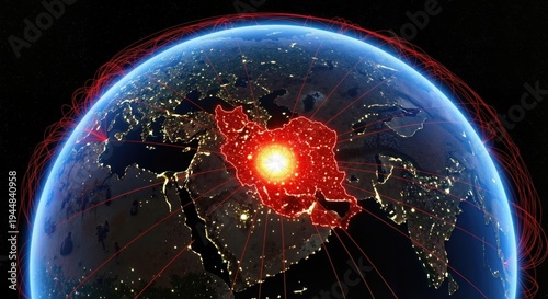 Earth map with glowing Iran at night. Global network connections radiating from the Middle East. Geopolitical crisis concept