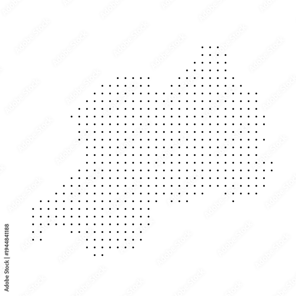 Obraz premium Rwanda country dotted map. Black spot pixel illustration isolated on white background. Vector circle mosaic.