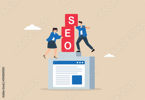 Flat illustration of business marketing team stacking SEO blocks to elevate website visibility on search engine ranking podium