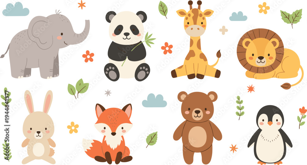 Fototapeta premium Cute Cartoon Wild Animals Vector Set Featuring Elephant, Panda, Giraffe, Lion, Rabbit, Fox, Bear and Penguin Characters with Nature Elements.