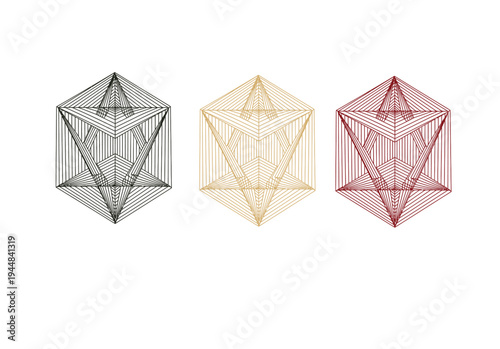Geometric dodecahedron abstract shapes set in black, gold, and red on white background