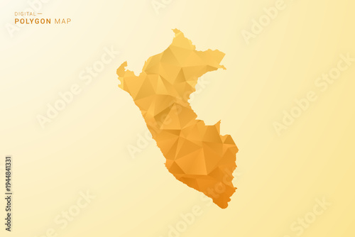 Peru Map - Polygon style vector illustration in yellow and orange low poly geometric design, modern minimal silhouette, isolated for infographic.