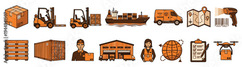 Logistics and supply chain management icon set featuring warehouse delivery transportation shipping and global distribution service elements for business infographics isolated on white