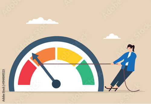 Flat illustration of businesswoman pull meter down reducing risk level red alert to green reduce stress decrease anxiety or danger indicator