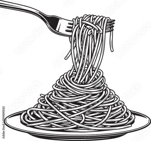 Spaghetti pasta on fork and plate vector illustration, Italian cuisine noodle dish, gourmet food art