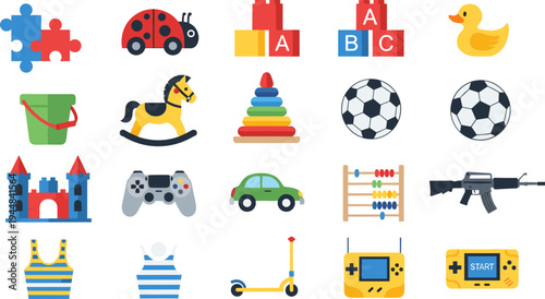Kids toys and play icons set with puzzle blocks ball castle scooter game console colorful vector illustration