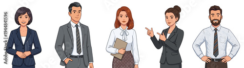 Professional business team characters set in flat illustration style for corporate presentation website header banner or office workplace concept isolated on white background