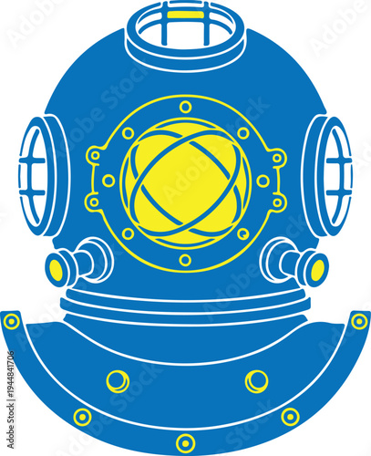 Vintage diving helmet blue and yellow retro scuba gear for underwater exploration and marine adventure symbol