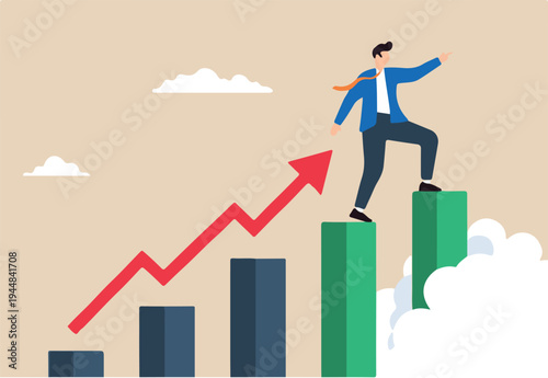 Flat illustration of businessman steps on rising graph looking for next goal and motivating for future success