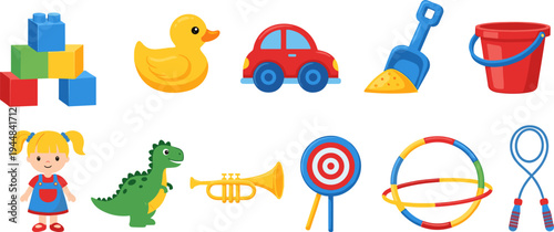 kids, toys, collection, blocks, duck, car, bucket, shovel, dinosaur, trumpet, target, hoop, rope, girl, cartoon, illustration, colorful, objects, play, set