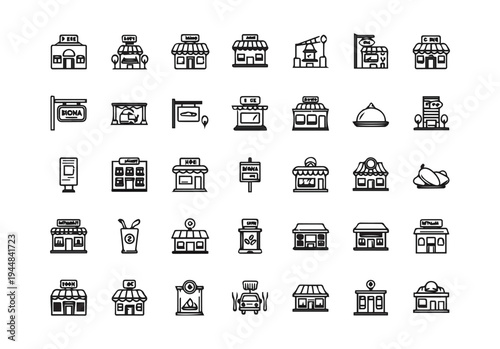 Collection of store and shop icons, linear style for retail, business, and commercial use, building icon, post box, web design, app icon