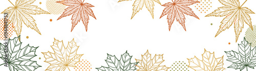Autumn maple leaves border banner with Japanese line art style decorative fall foliage frame and copy space on white background for seasonal greeting card or website header design