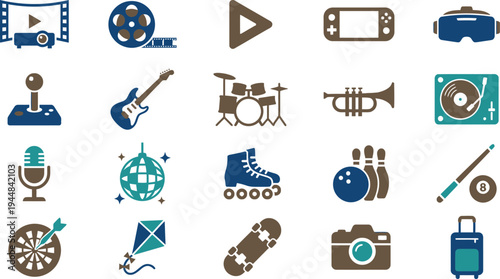 A comprehensive collection of vibrant icons representing diverse media, entertainment, and hobby activities.
