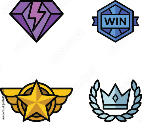 Colorful digital gaming achievement badges including a crown, diamond, and star, representing esports victories on a transparent background.