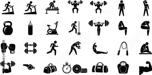 Vector Illustration Set of Fitness and Gym Icons Featuring Weightlifting Running Cardio Boxing Equipment Workout Poses and Healthy Lifestyle Symbols