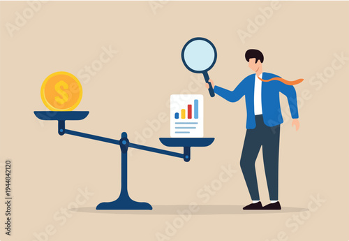 Flat illustration of businessman using magnifier to weigh coin and chart sheet on balance scale for financial analysis and decision making