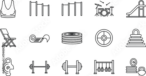 Vector Illustration Set of Fitness Gym Equipment Outlined Icons Featuring Weightlifting Tools Workout Gear Playground Elements and Healthy Lifestyle Objects