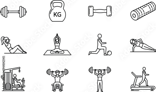 Vector Illustration Set of Fitness Icons Featuring Gym Equipment Workout Poses Weightlifting Exercises Yoga Poses and Healthy Lifestyle Training Elements