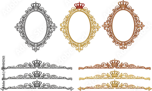Luxury royal crown ornate frames and decorative borders collection, vintage gold silver bronze baroque frame elements isolated design set