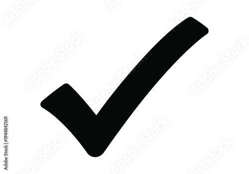 Black check mark symbol on white background, simple tick icon for confirmation and success