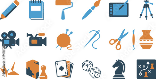 Collection of creative hobby and craft icons representing various artistic and leisure activities digitally.