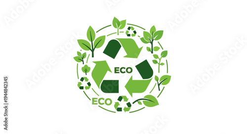 A green eco recycling symbol illustration with leaves and arrows on a white background representing Global Recycling Day and environmental conservation efforts