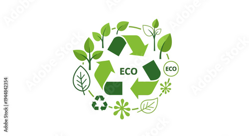 A green recycling symbol illustration with leaves and eco icons on a white background representing Global Recycling Day and environmental conservation efforts