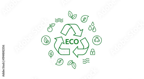 Green eco recycling symbol illustration with arrows and icons on a white background representing Global Recycling Day and environmental conservation efforts