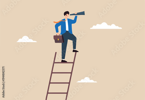 Flat illustration of smart businessman climb ladder and look through telescope symbolizing visionary leadership for success